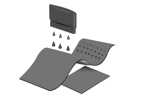 Illustration of liquid coating and penetration behavior on multilayer ceramic surfaces, demonstrating material absorption and surface interaction.